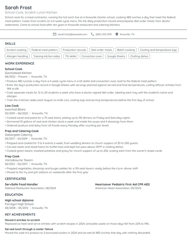 School Cook resume example