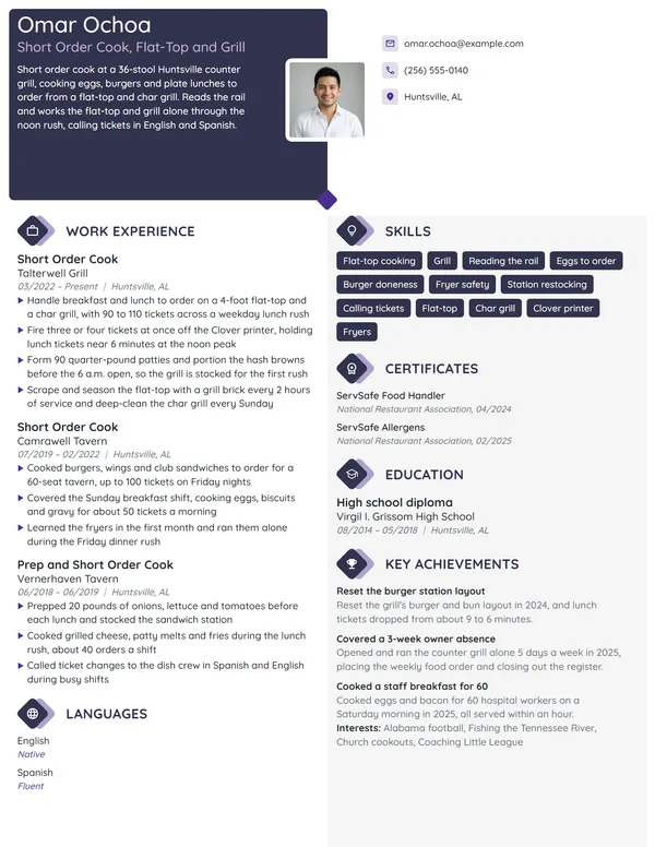 Short Order Cook resume example