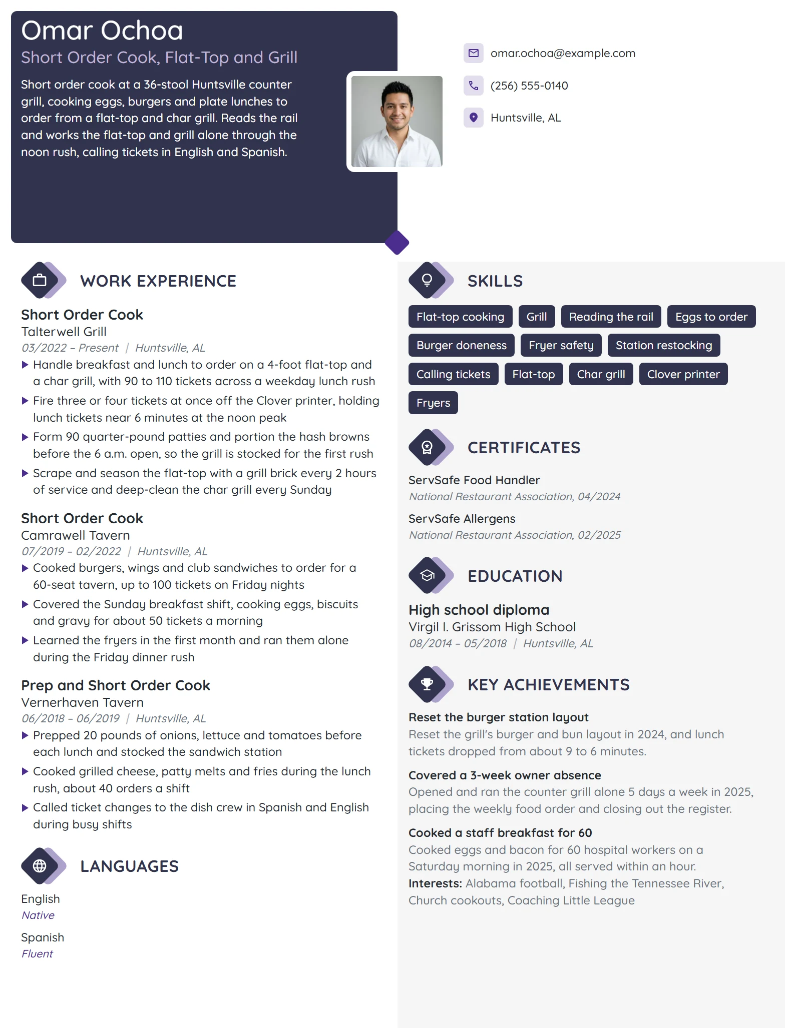 Short Order Cook resume example