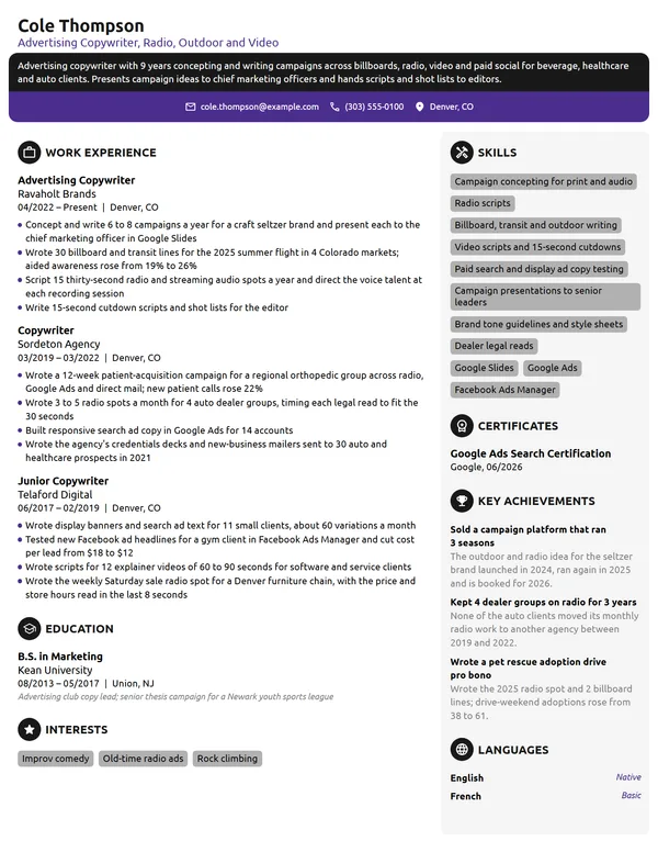 Advertising Copywriter resume example