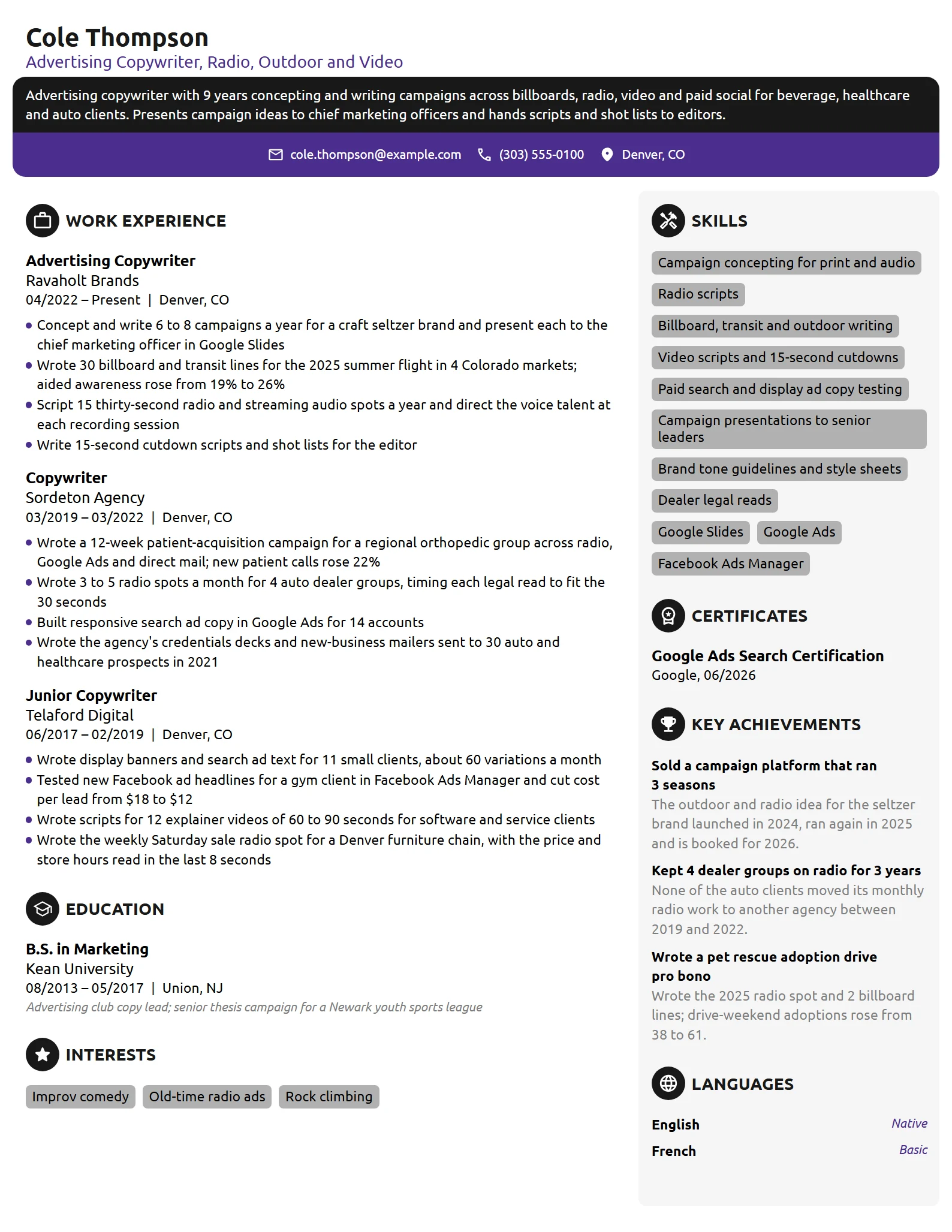 Advertising Copywriter resume example