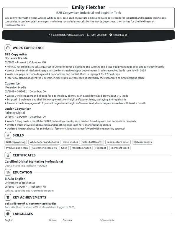 B2B Copywriter resume example