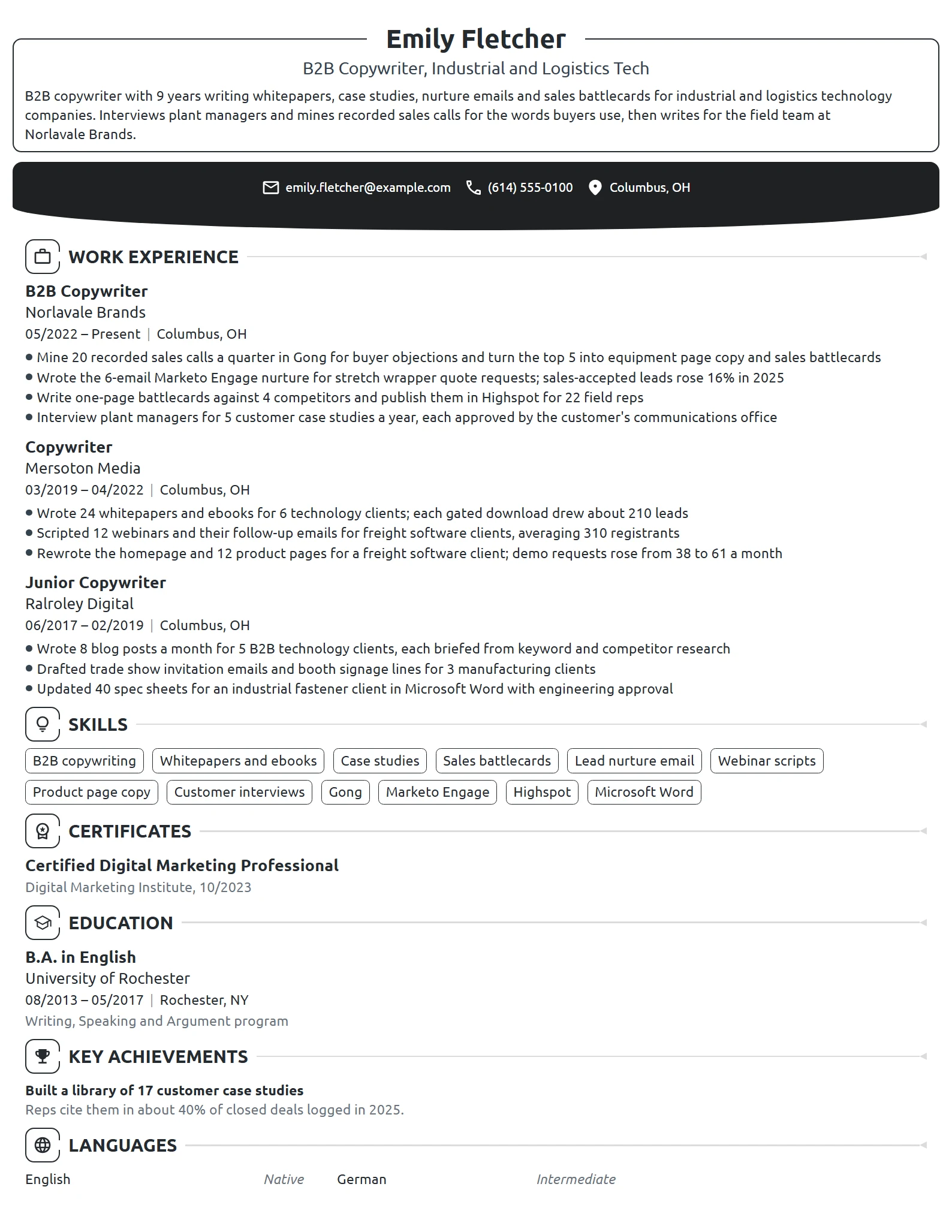 B2B Copywriter resume example