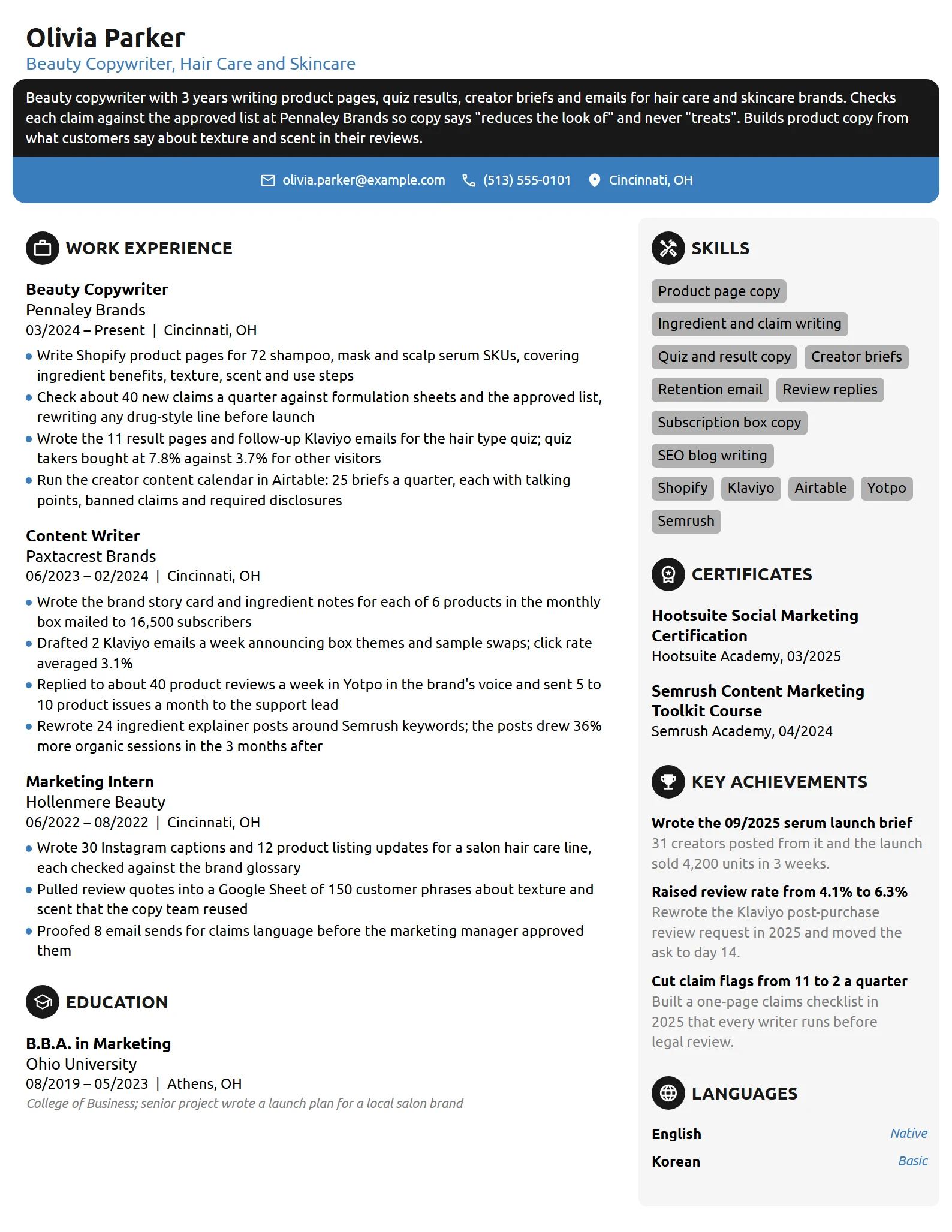Beauty Copywriter resume example