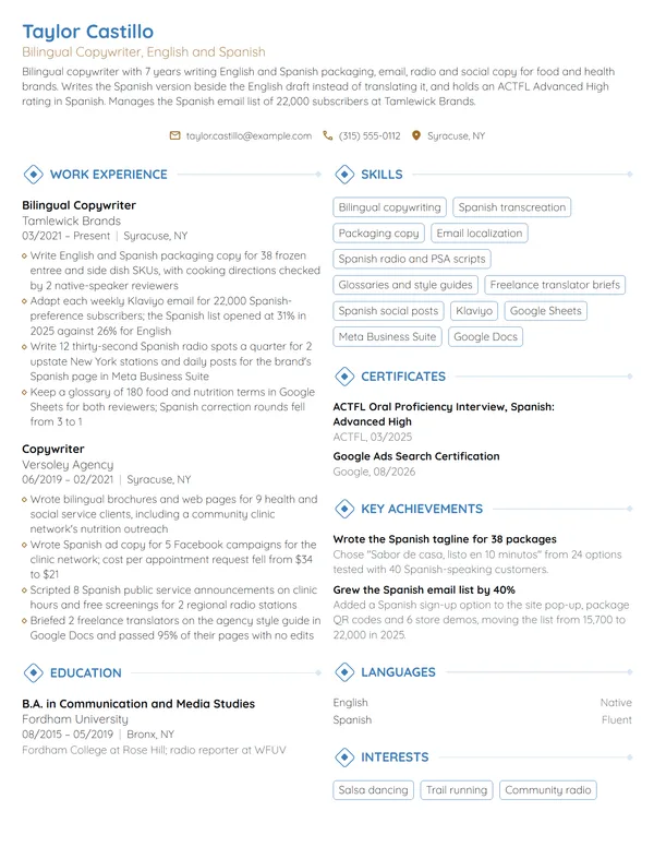Bilingual Copywriter resume example