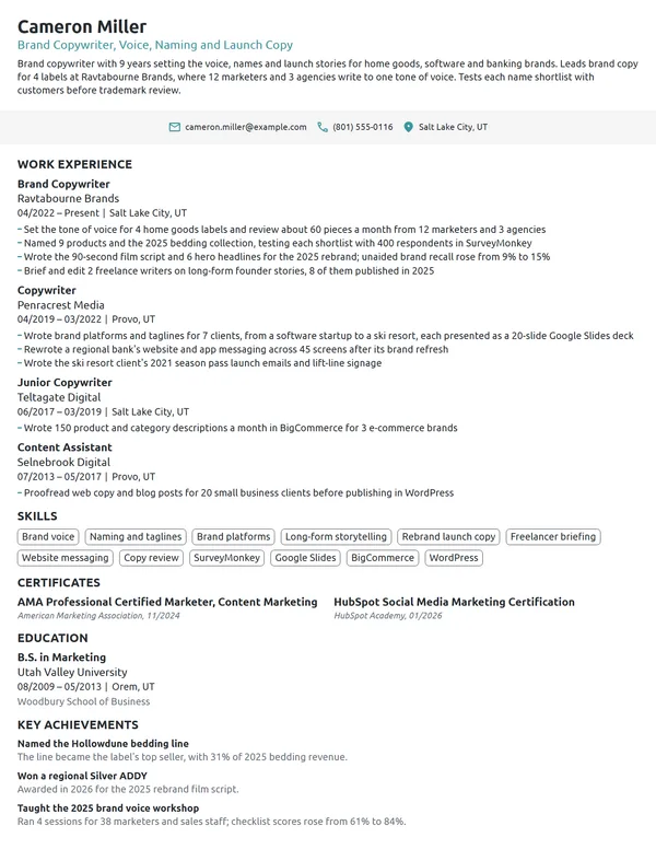 Brand Copywriter resume example