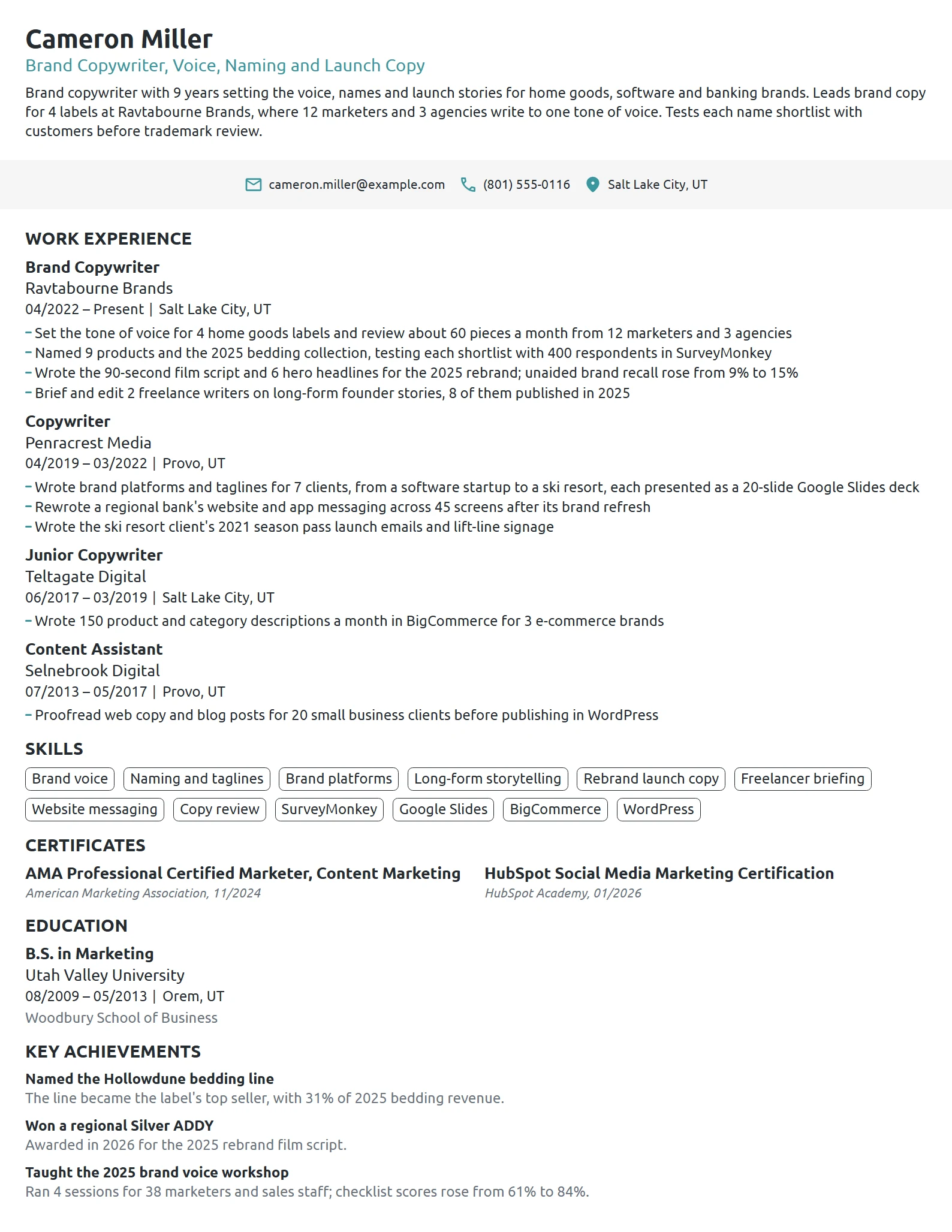 Brand Copywriter resume example