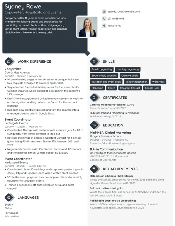 Career Change Copywriter resume example