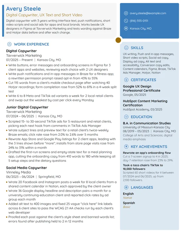 Digital Copywriter resume example