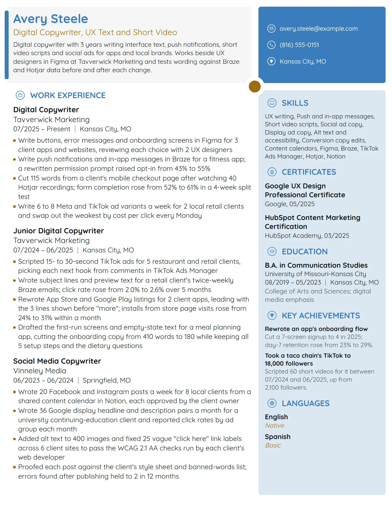 Digital Copywriter resume example