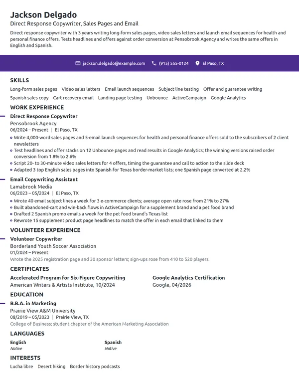 Direct Response Copywriter resume example