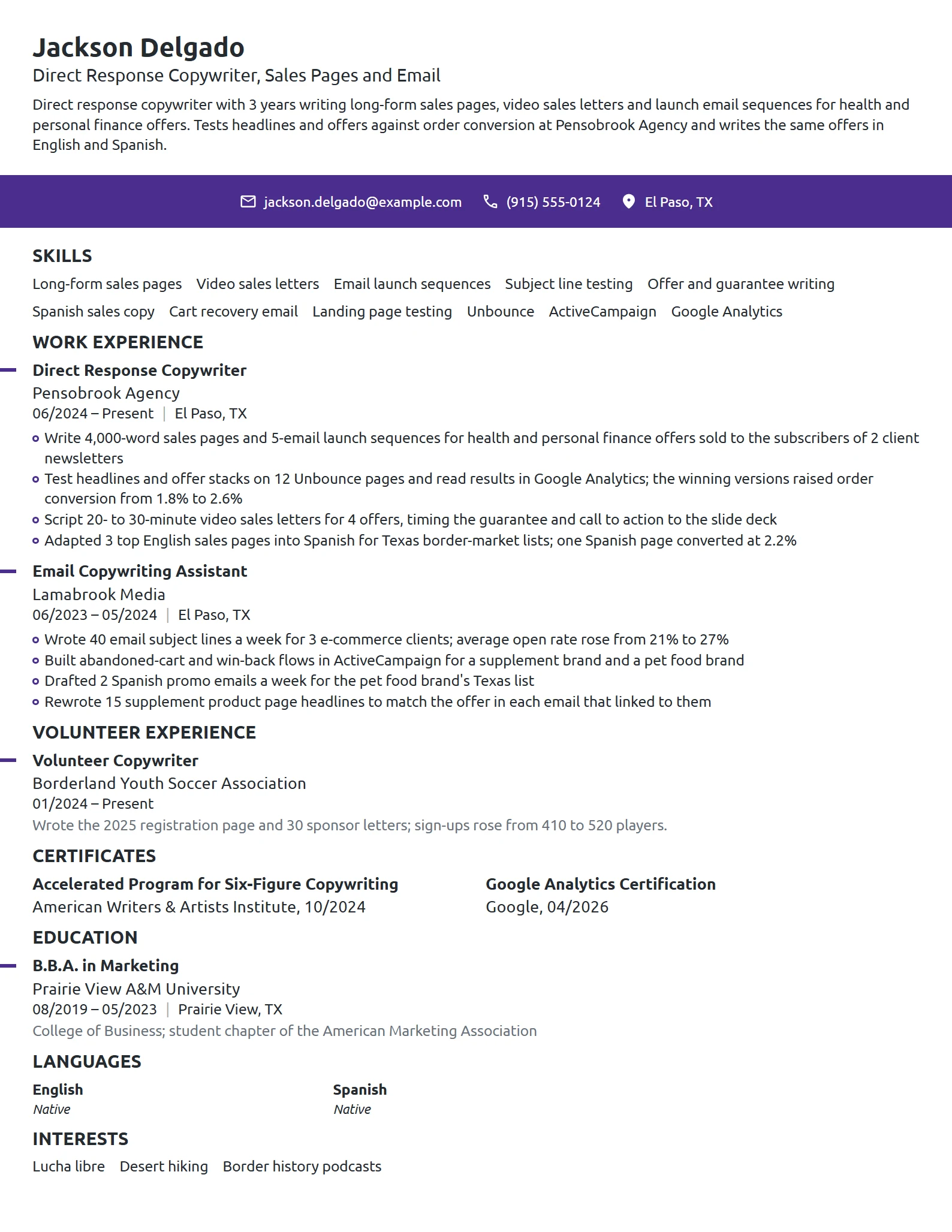 Direct Response Copywriter resume example