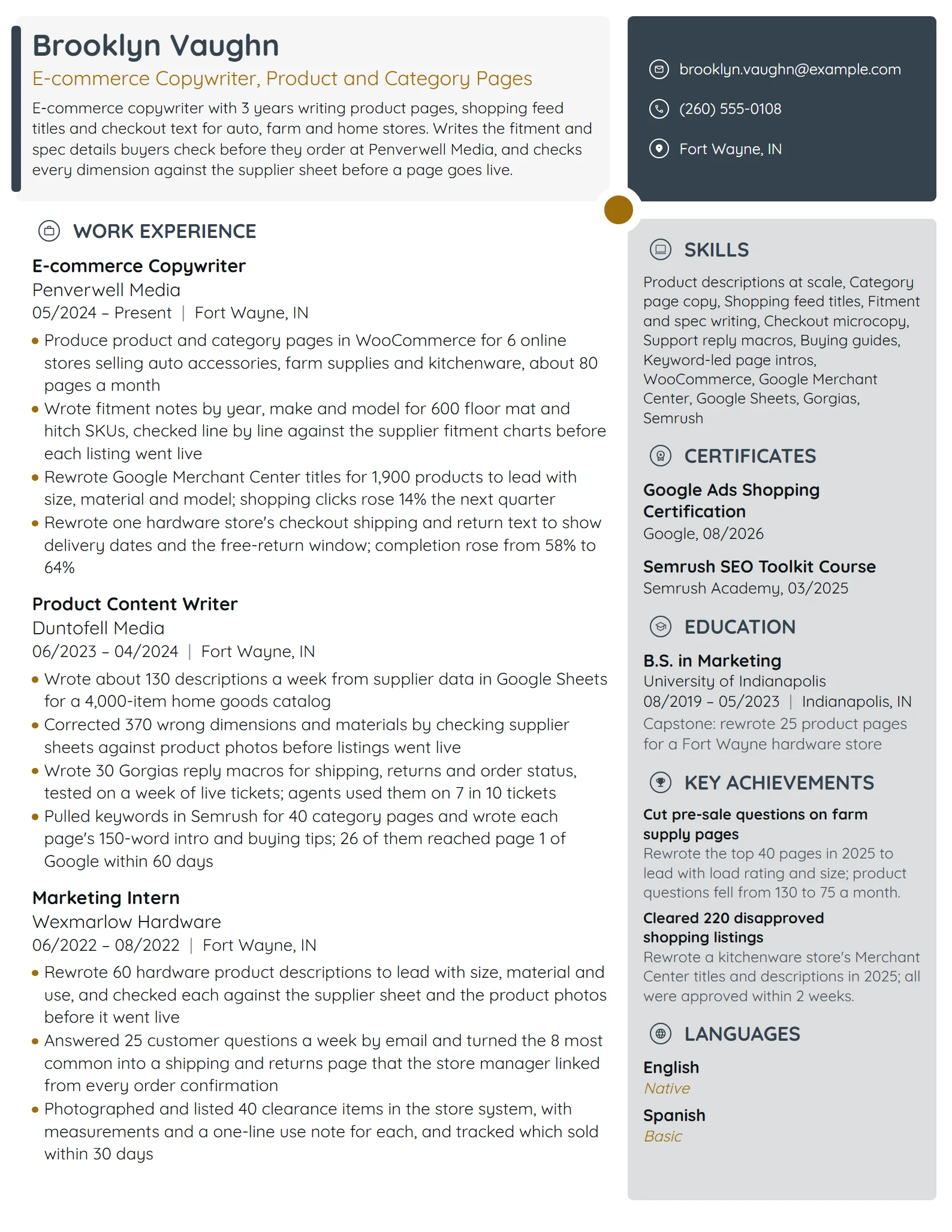 E-commerce Copywriter resume example