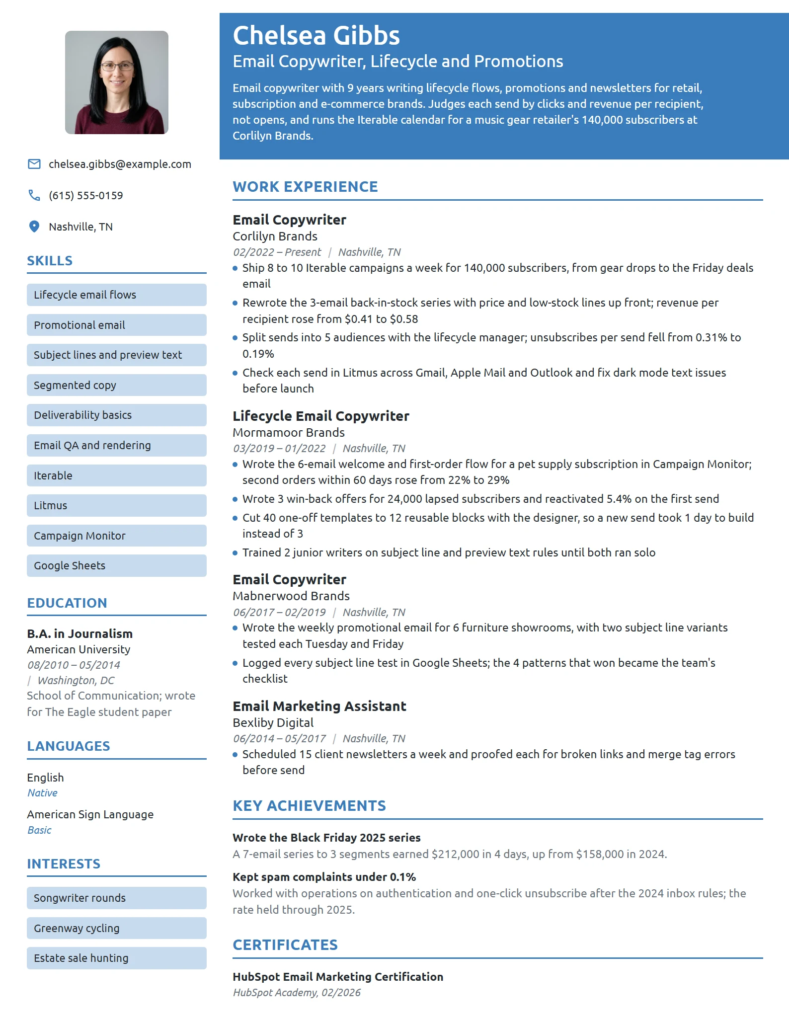 Email Copywriter resume example