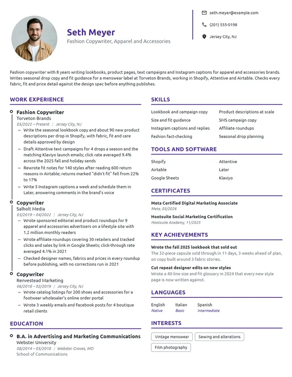 Fashion Copywriter resume example