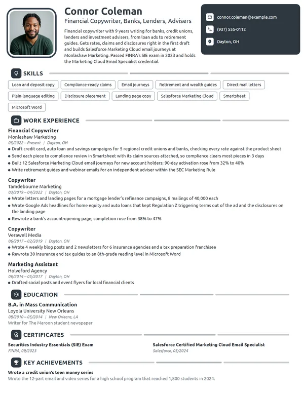 Financial Copywriter resume example