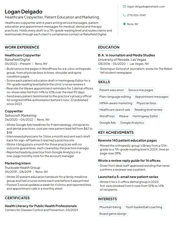 Healthcare Copywriter resume example