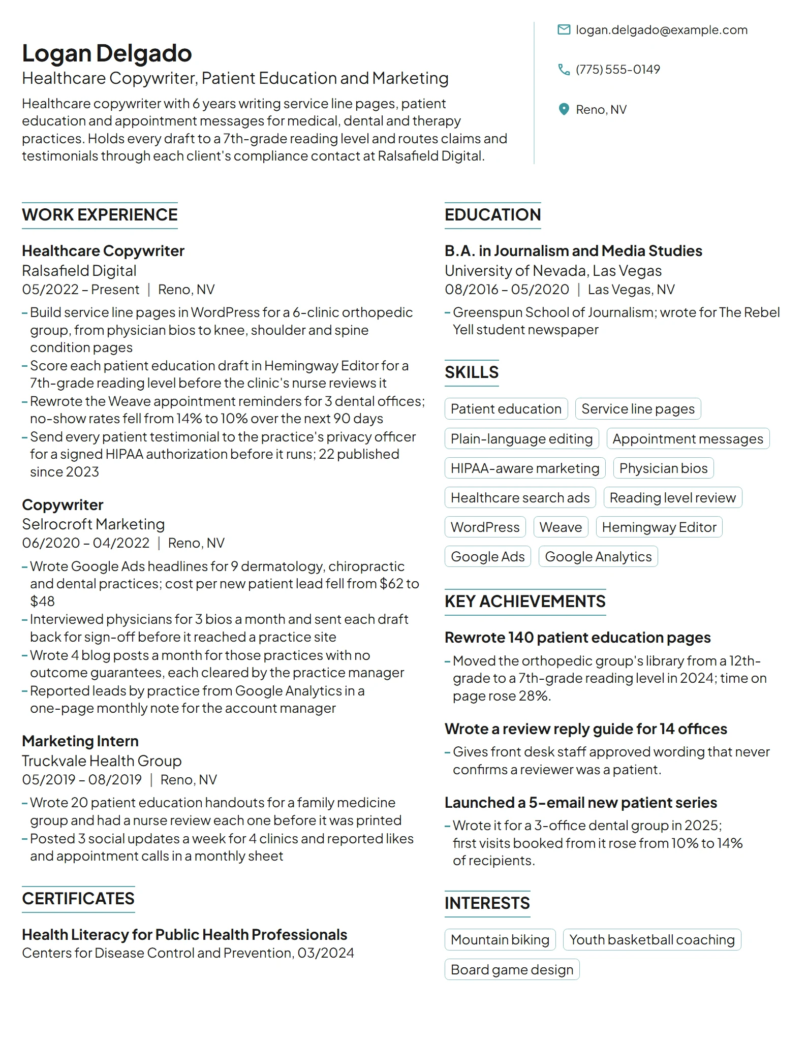 Healthcare Copywriter resume example