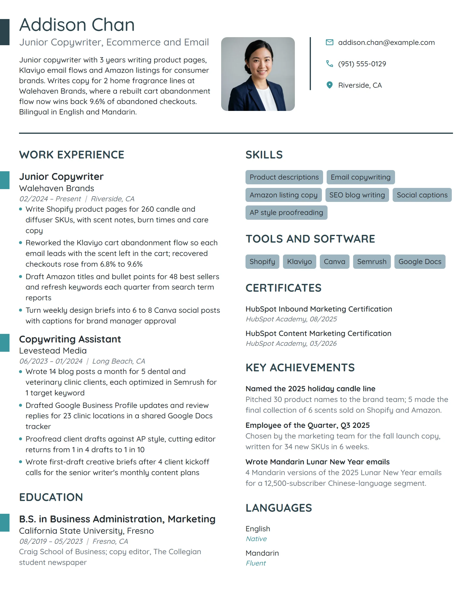 Junior Copywriter resume example