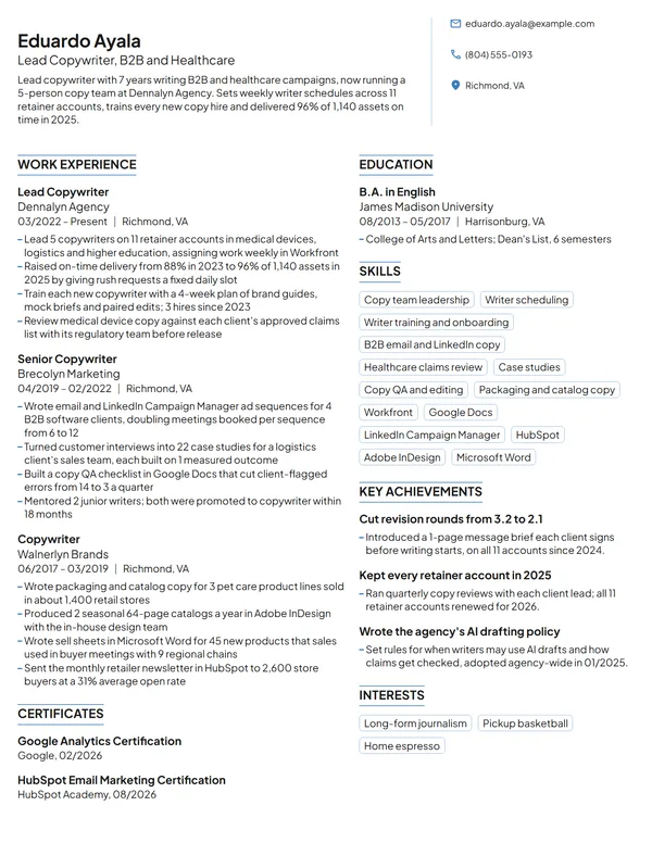 Lead Copywriter resume example