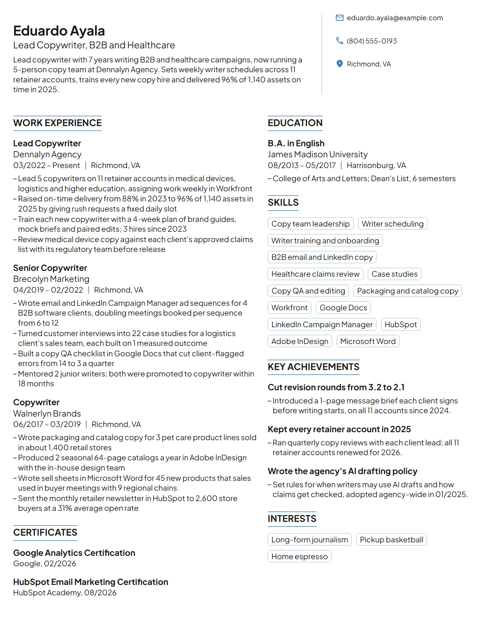 Lead Copywriter resume example