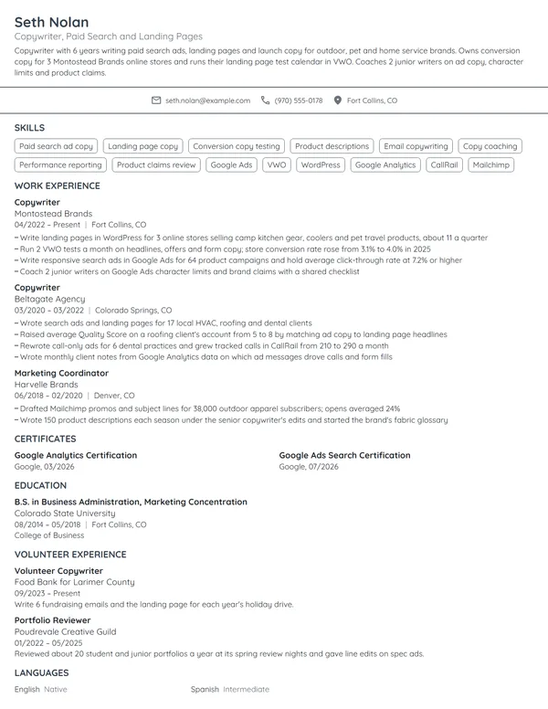 Mid-Level Copywriter resume example
