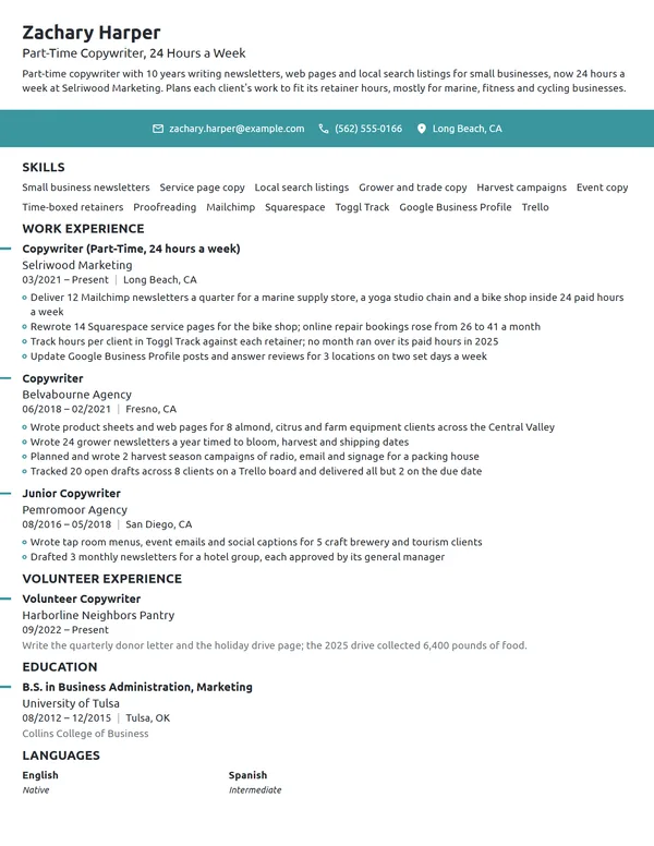 Part-Time Copywriter resume example