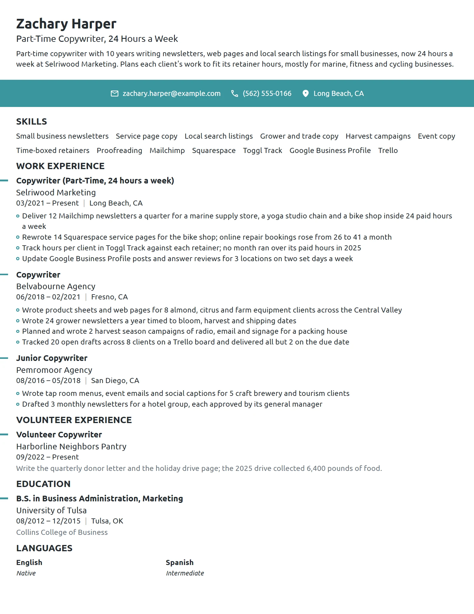 Part-Time Copywriter resume example