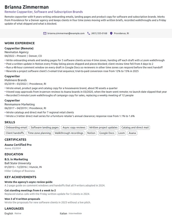 Remote Copywriter resume example