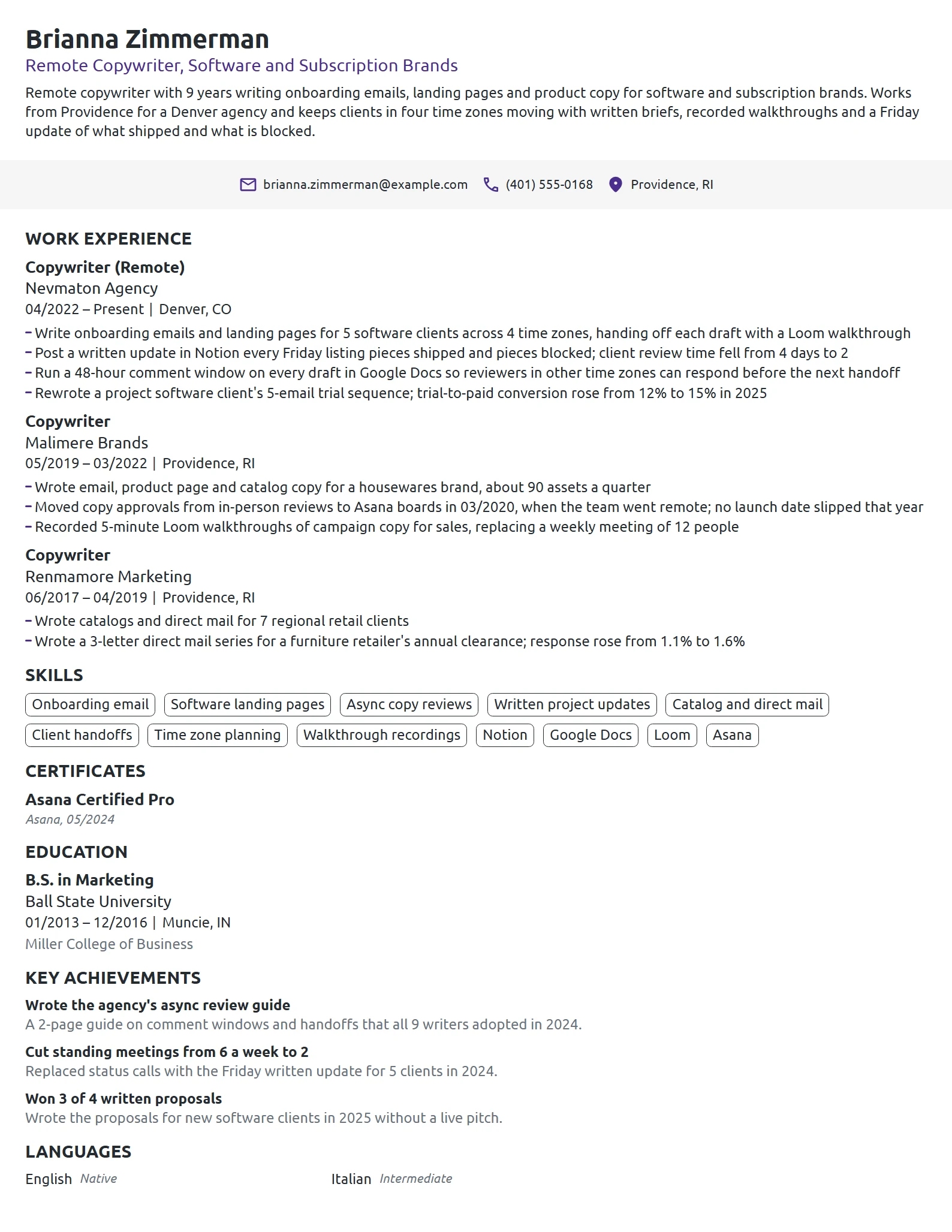 Remote Copywriter resume example