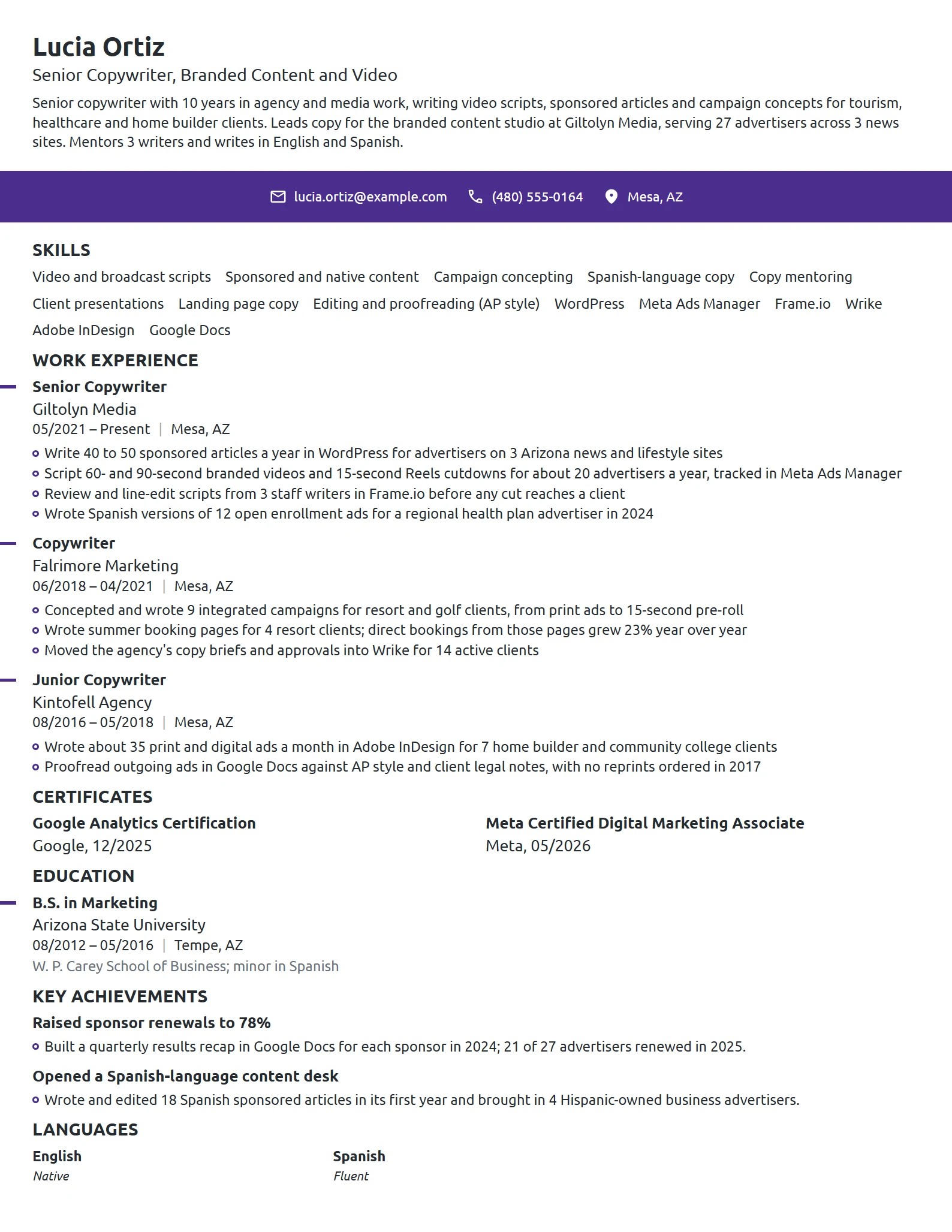 Senior Copywriter resume example