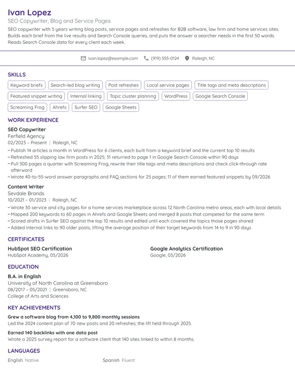 SEO Copywriter resume example