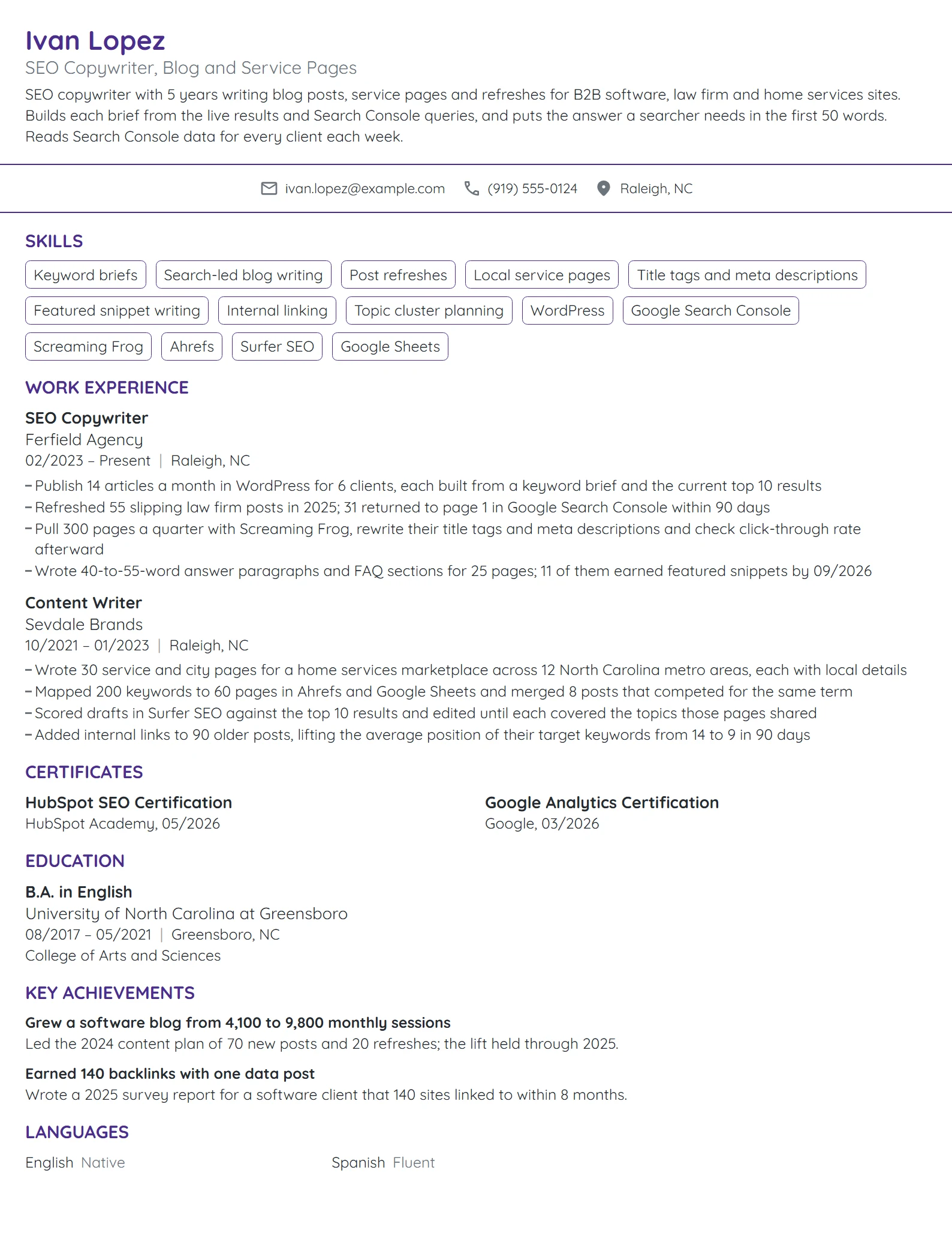SEO Copywriter resume example