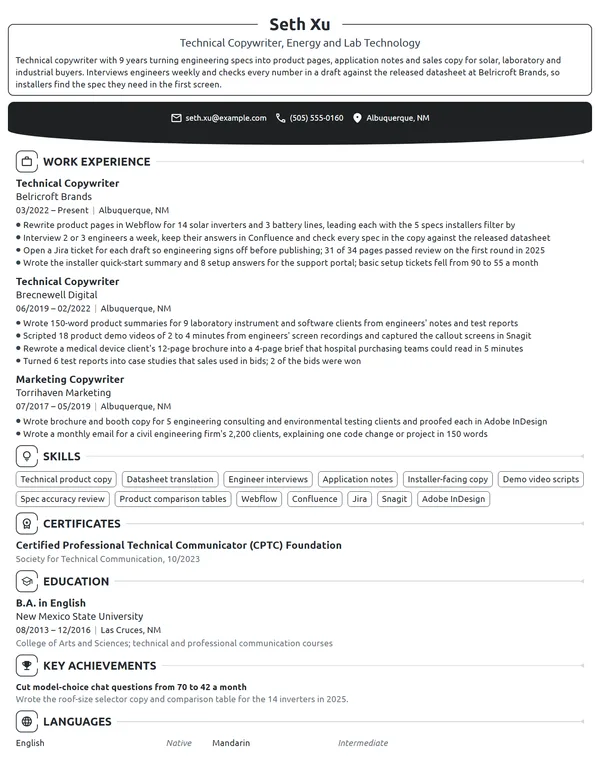Technical Copywriter resume example