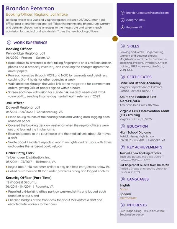 Booking Officer resume example