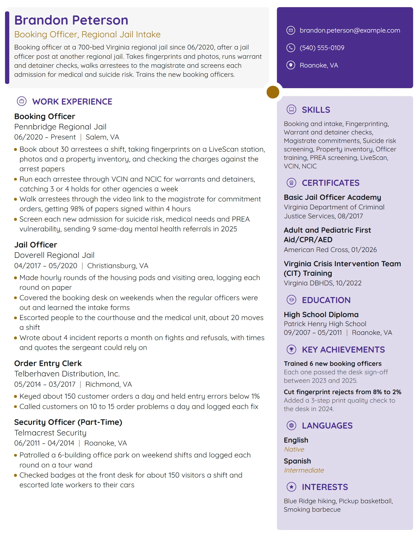 Booking Officer resume example