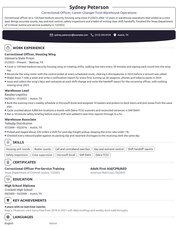 Career Change Correctional Officer resume example