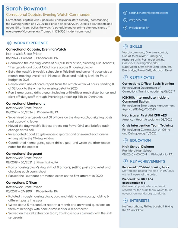 Correctional Captain resume example