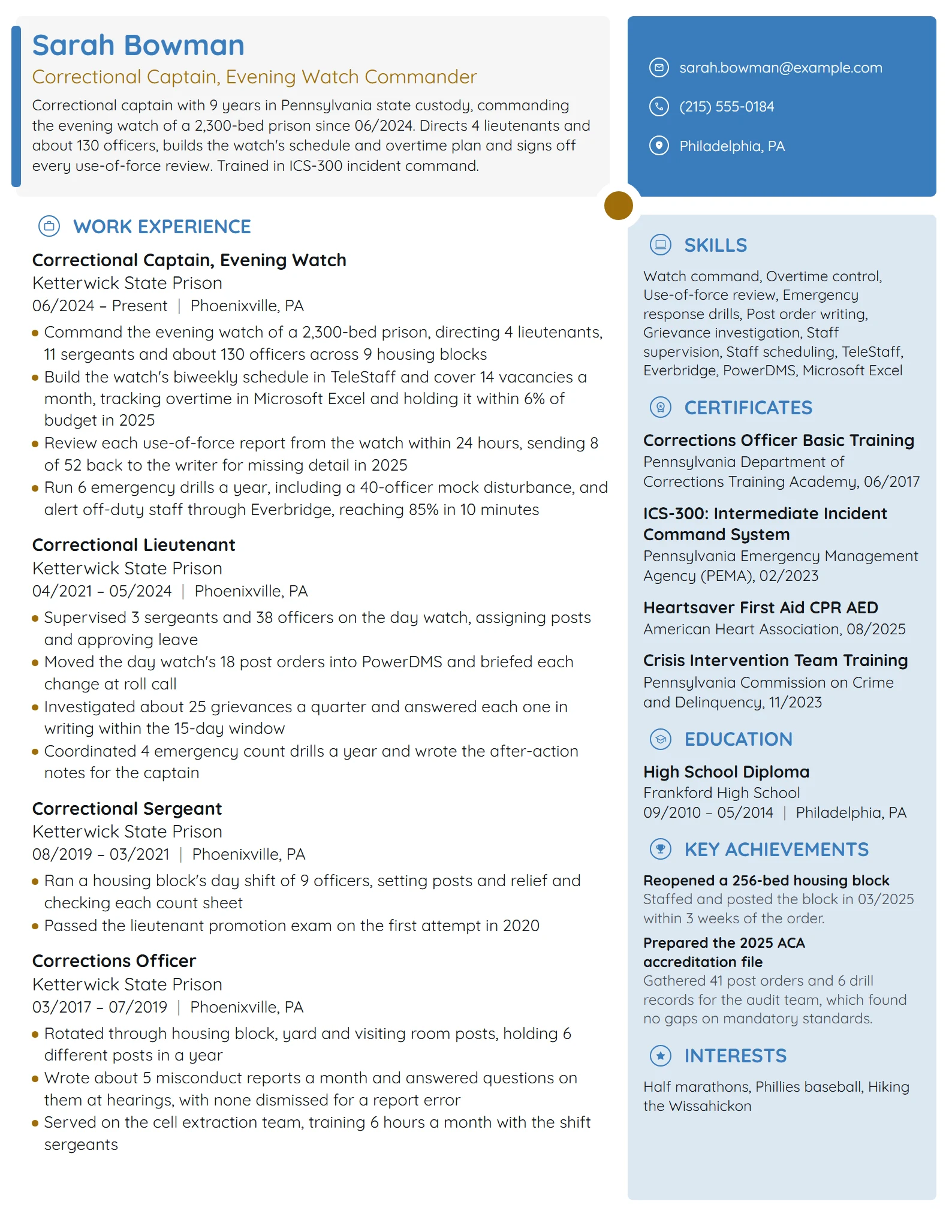 Correctional Captain resume example