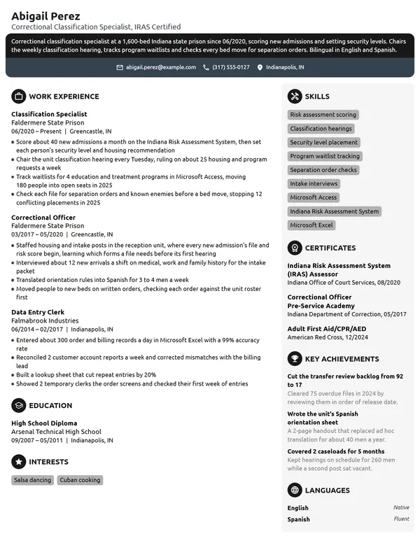 Correctional Classification Specialist resume example