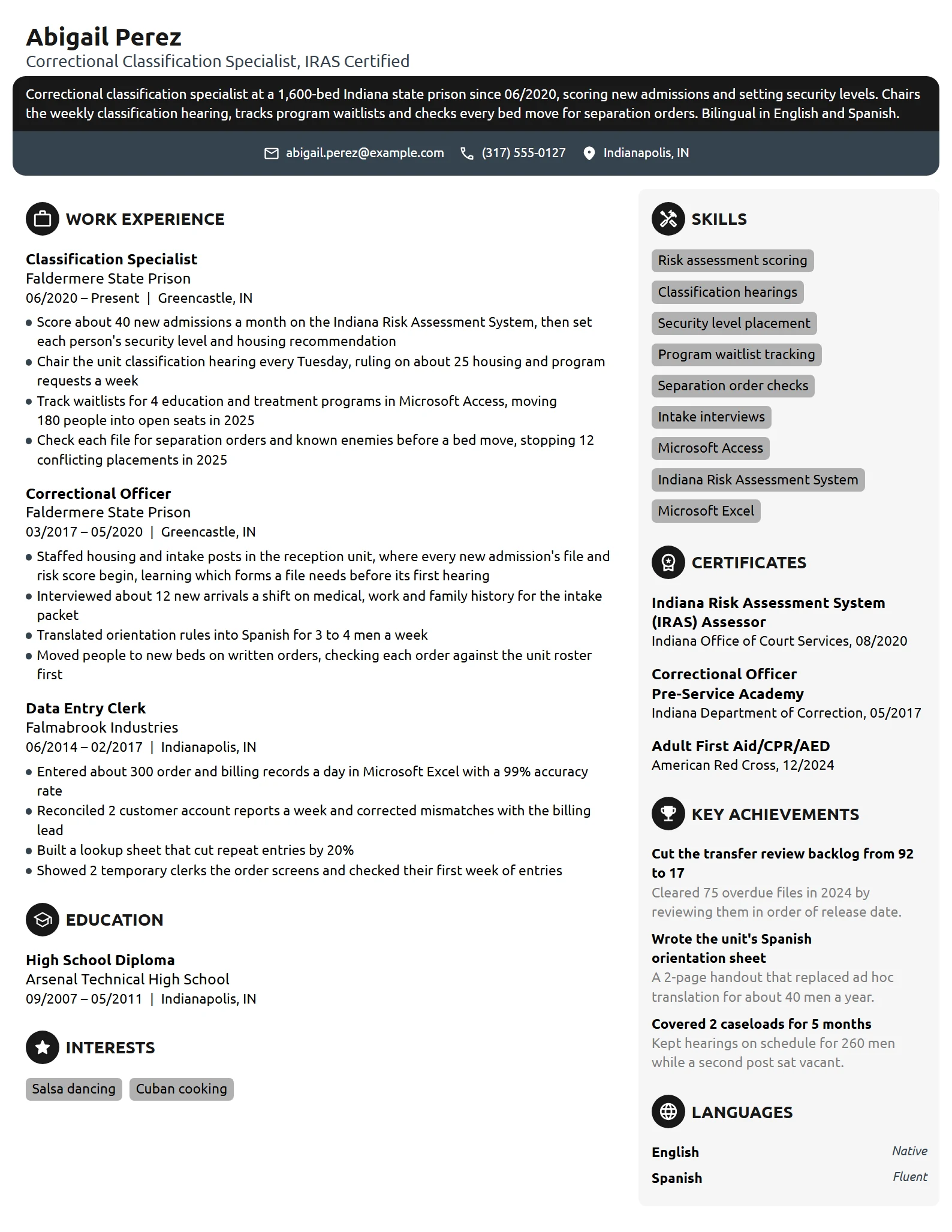 Correctional Classification Specialist resume example