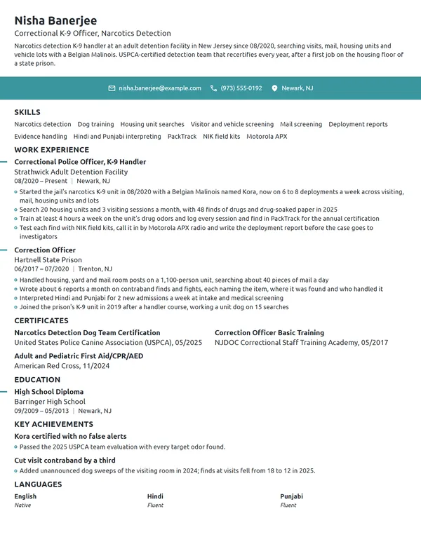 Correctional K-9 Officer resume example