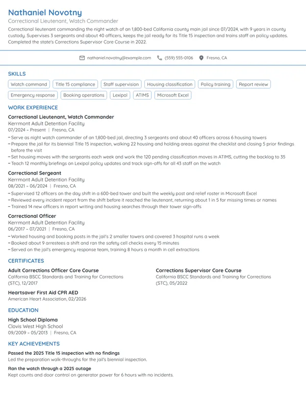 Correctional Lieutenant resume example