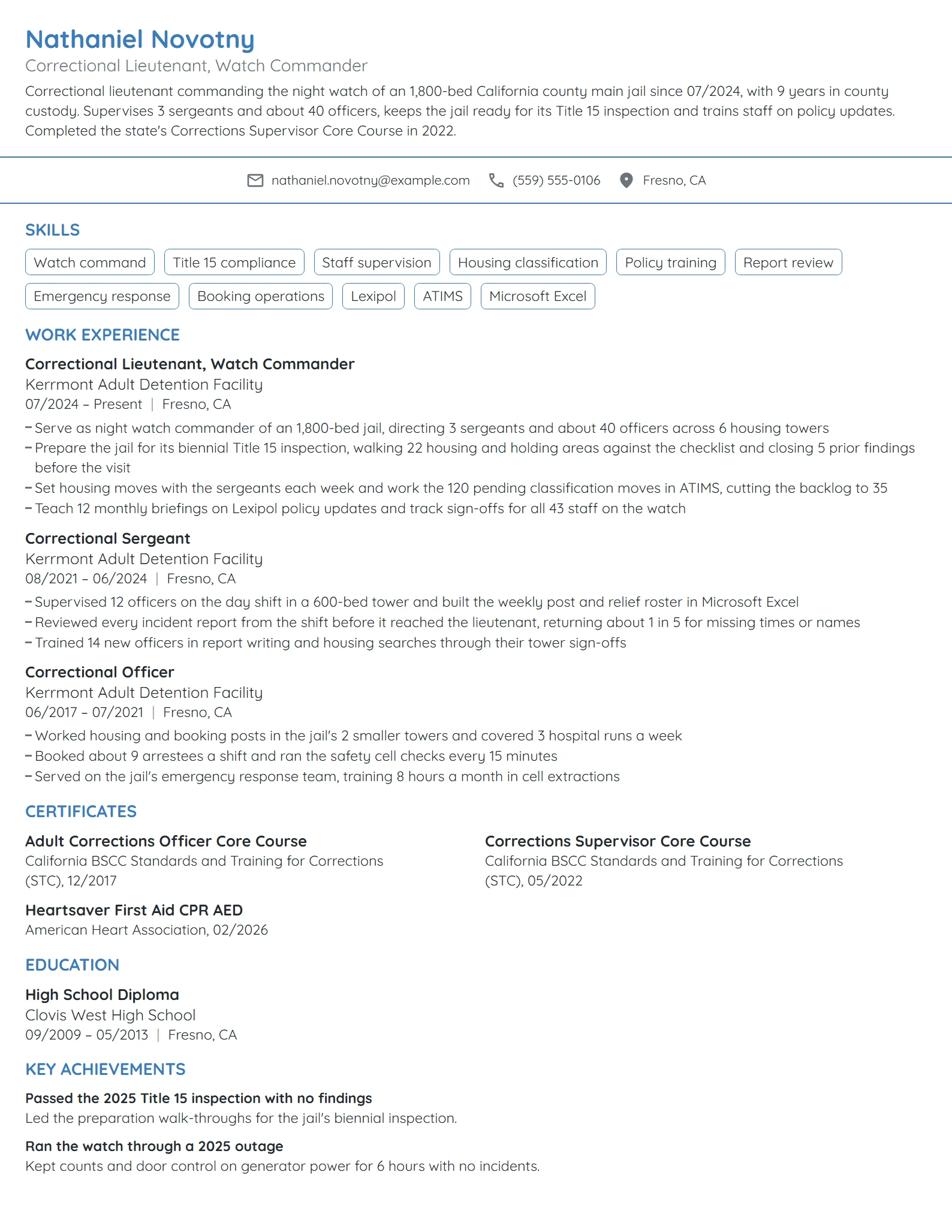 Correctional Lieutenant resume example