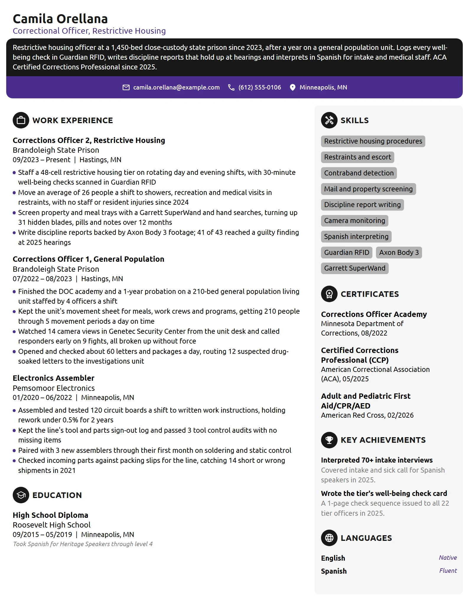 Correctional Officer resume example