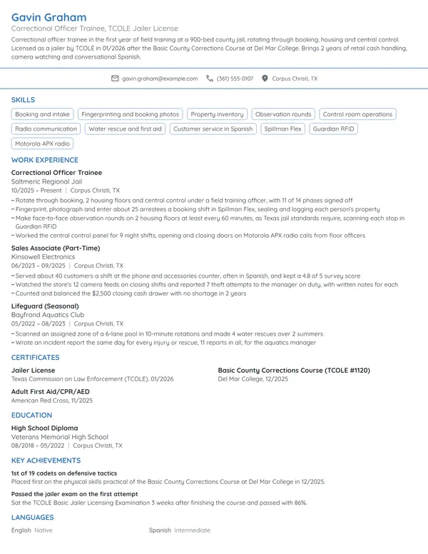Correctional Officer Trainee resume example