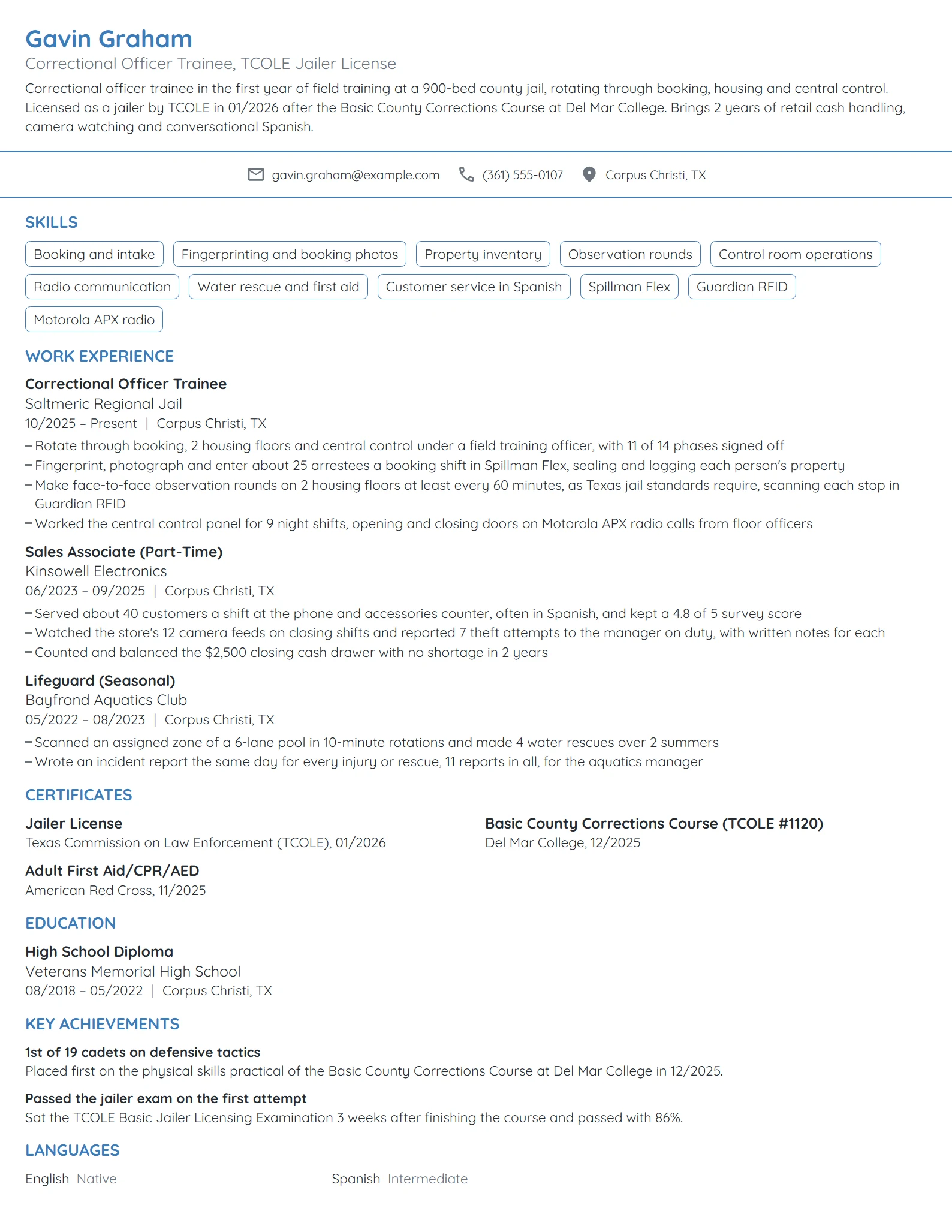 Correctional Officer Trainee resume example
