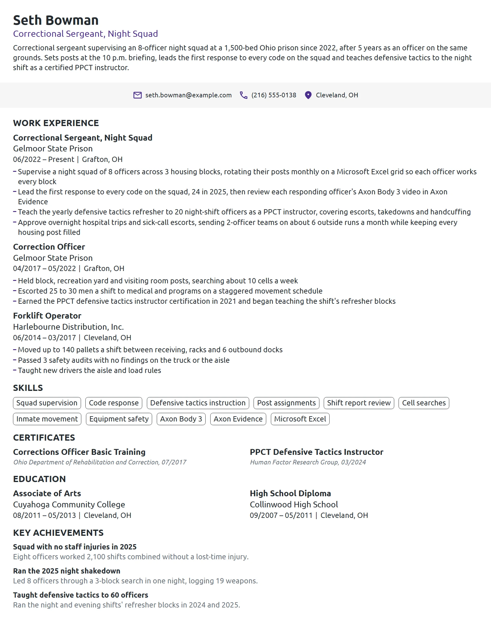 Correctional Sergeant resume example