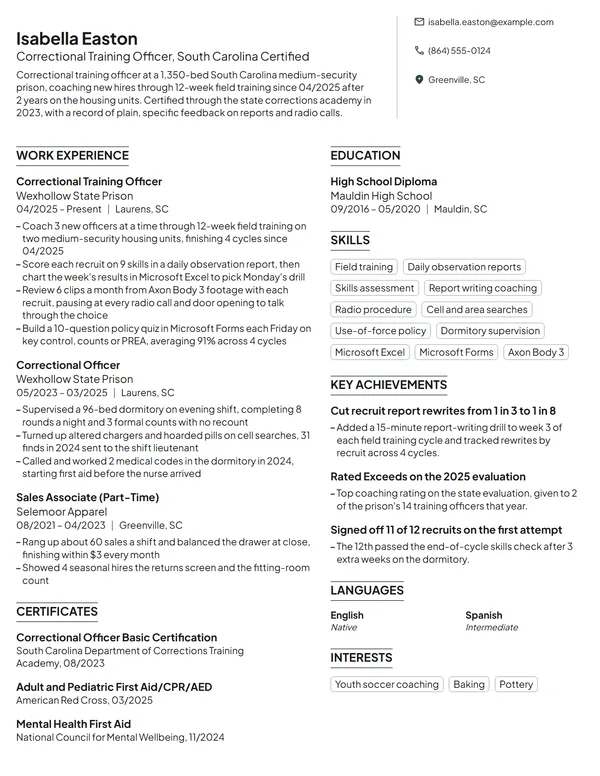Correctional Training Officer resume example