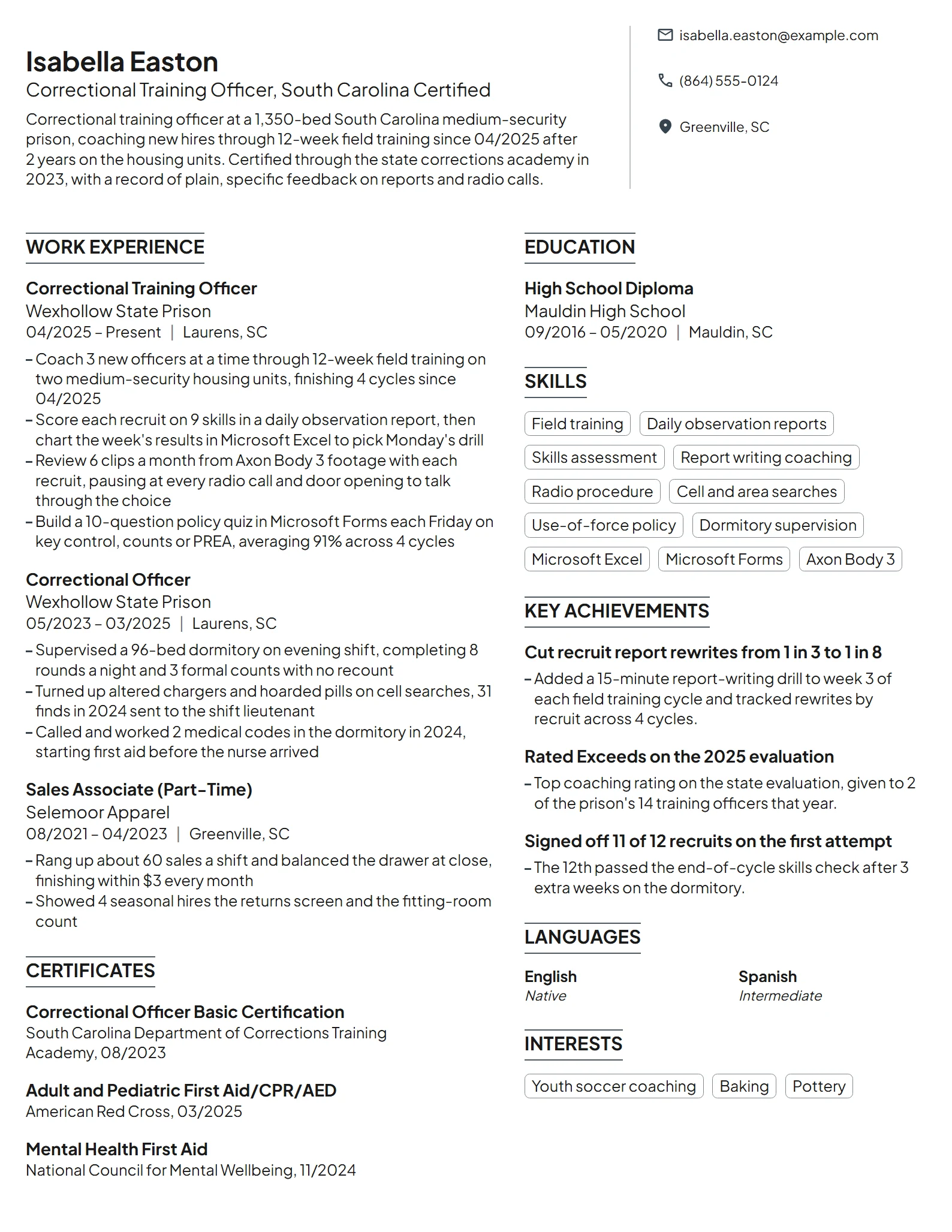 Correctional Training Officer resume example